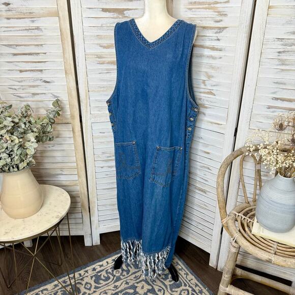 VINTAGE EXPRESSIONS Women's PLUS 1X Y2K Denim Sleeveless Maxi Jean Dress Pockets - Picture 5 of 14